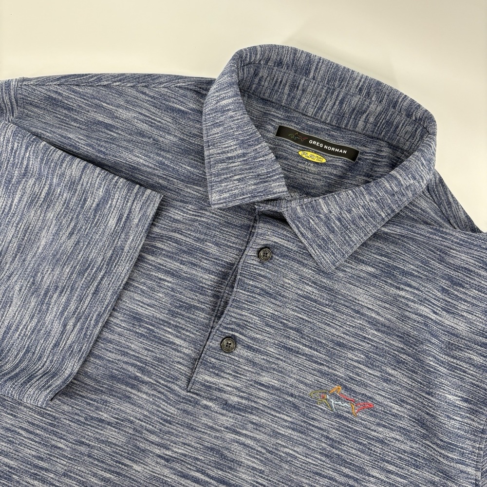 Greg Norman Mens L Blue Heathered Play Dry Performance Short Sleeve Golf Polo
